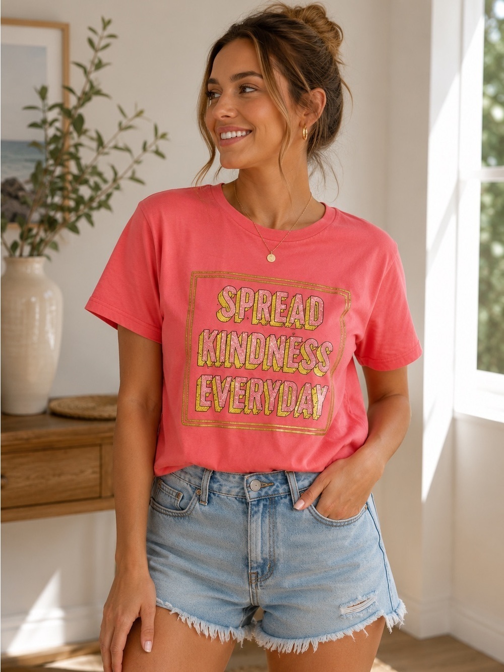 Gildan Coral Pink Gold Glitter Spread Kindness Everyday Graphic T-Shirt Size S